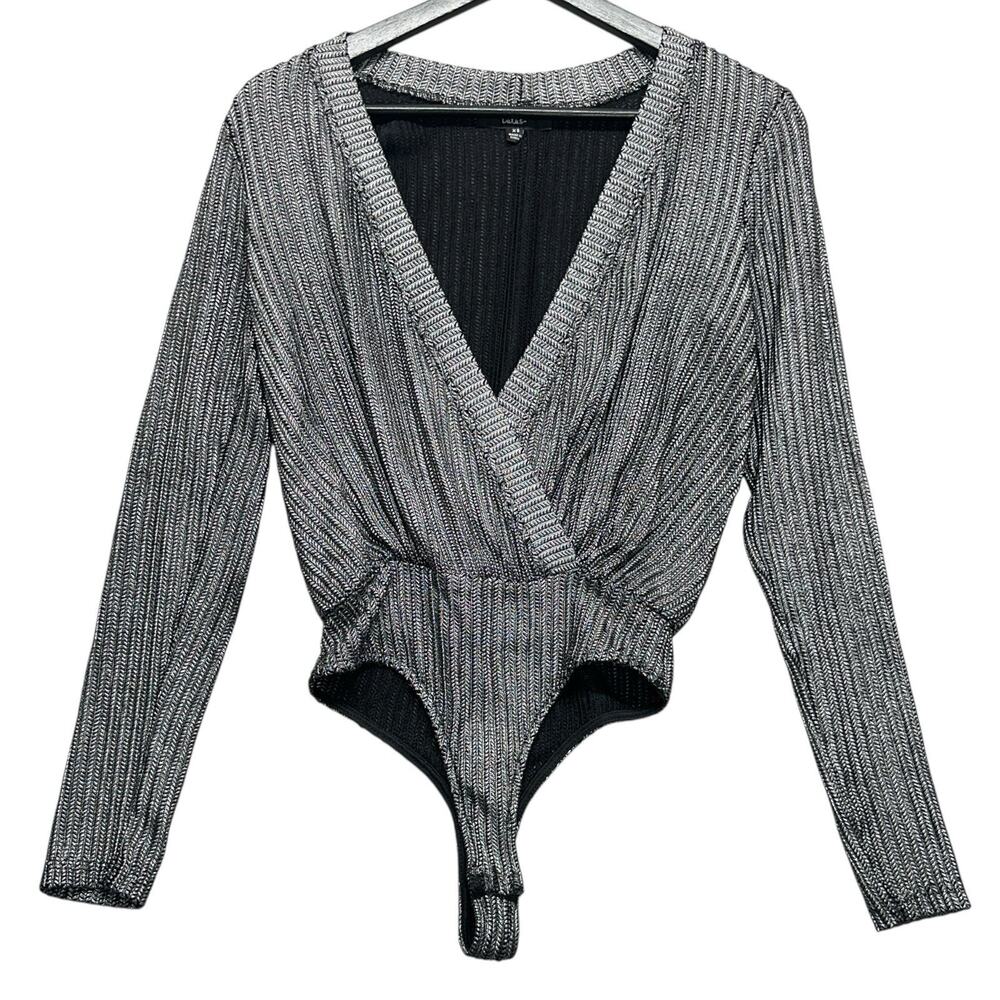 Lulus Bodysuit Blouse Top Size XS Deep V-Neck Metallic Silver Disco Festival